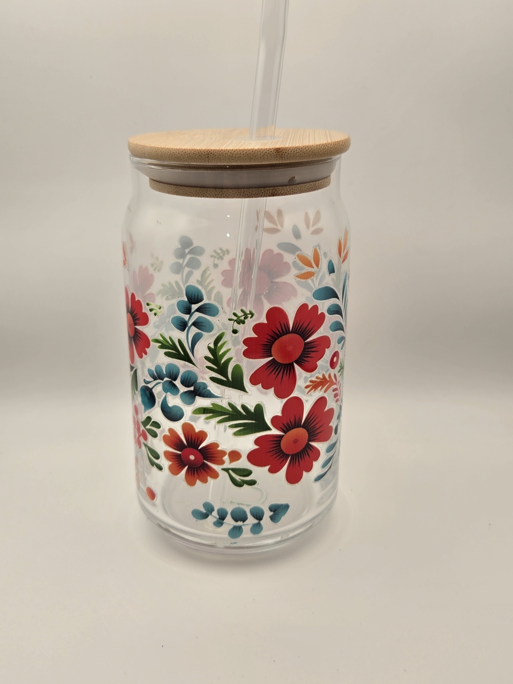 Floral Insulated Glass Tumbler with Bamboo Lid and Straw - Red Floral 16oz